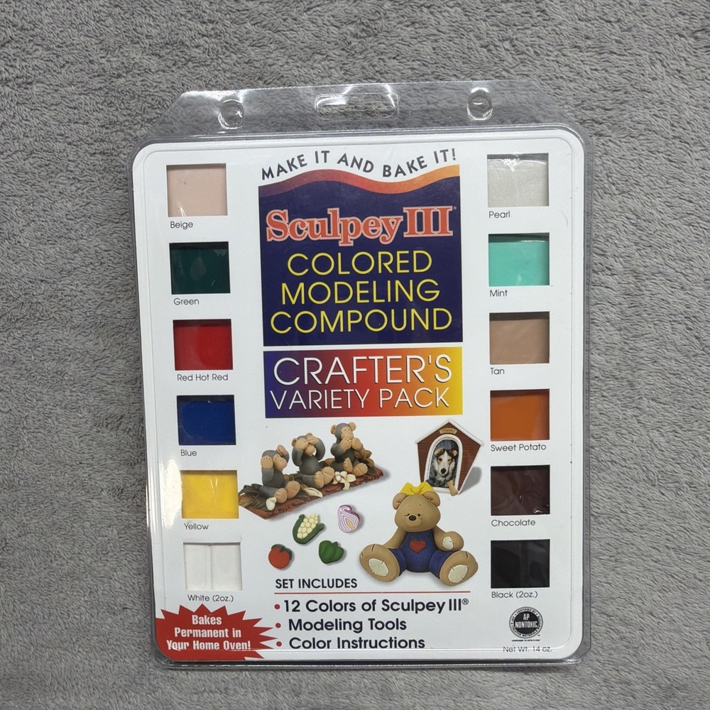 Vtg SCULPEY III CRAFTERS VARIETY 12 Color MODELING COMPOUND  CLAY W/ Tools NIP